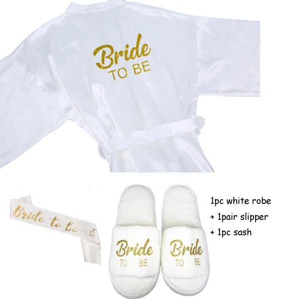Sisbigdey/комплект из 3 предметов для невесты; халат; тапочки; Атласный халат с поясом; женские блестящие золотые вечерние кимоно для невесты - Цвет: white 3pc set
