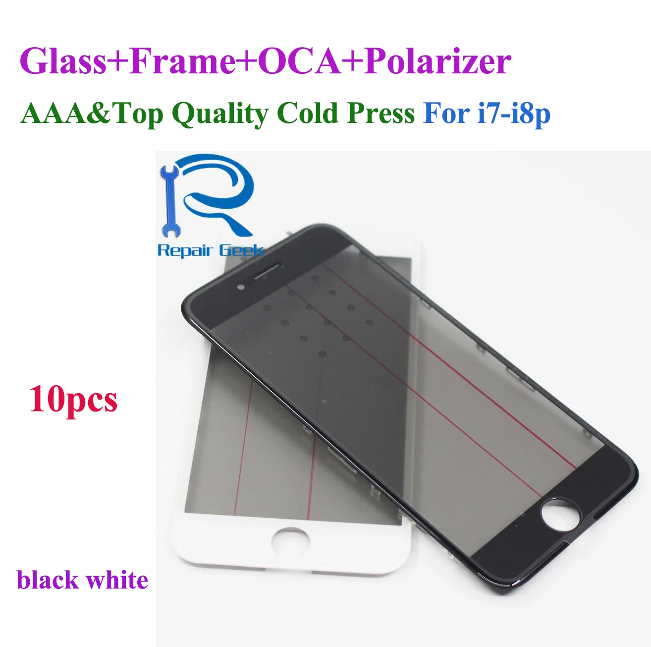 

10pcs Cold Press 4 in 1 For iPhone 7 8 plus Front Glass Lens with Bezel Frame OCA Polarizer Top and AAA Quality Screen Repair