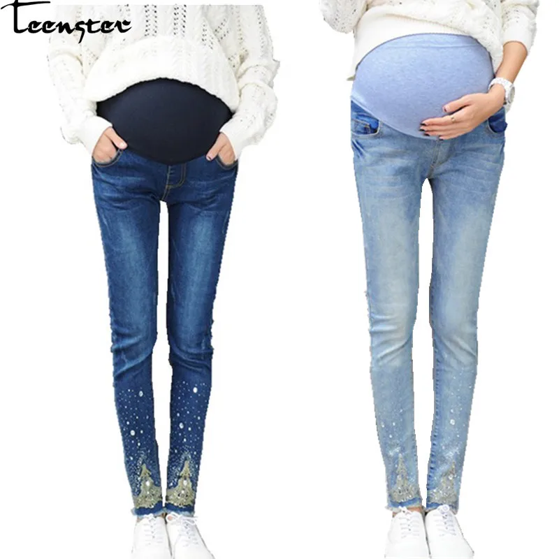

Teenster Maternity Clothes Pregnancy Jeans for Pregnant Women Nursing Trousers Sequins Pants Fashion Hot Bead Plus Size Denims