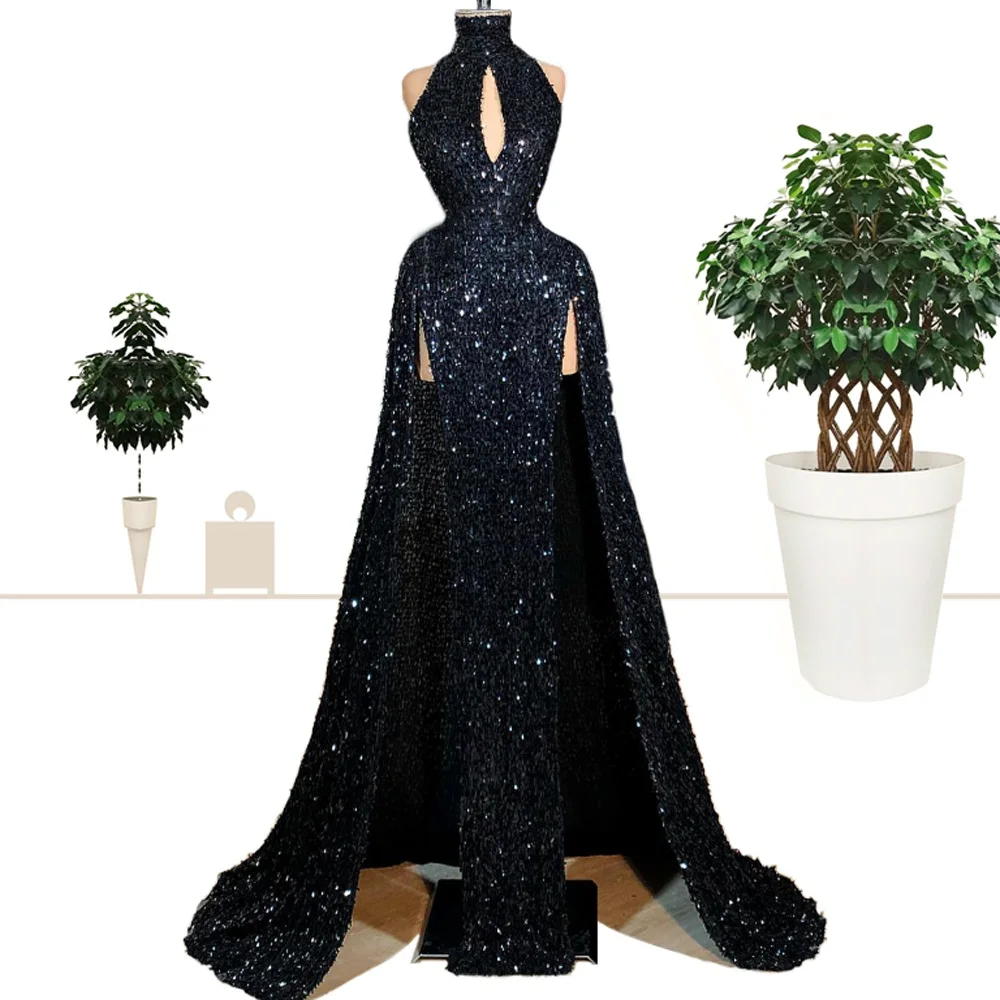 

2019 New Fashion Black Sequined Celebrity Dresses Sexy Side Split Prom Evening Dresses Sparkly Red Carpet Gowns