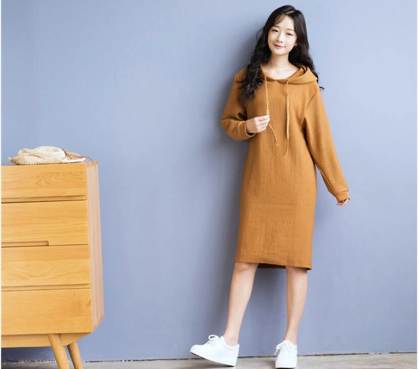 

Autumn Loose Lazy oaf Pullover Dress Hat Solid Color Long Hoodie Dress Casual Wear