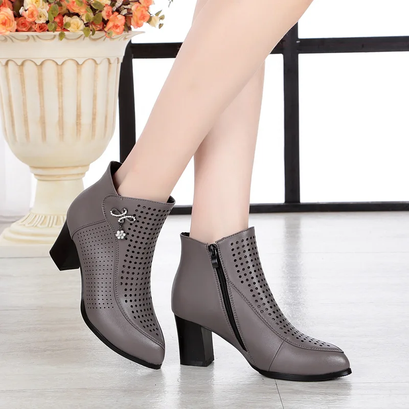 

Spring Autumn Hollow Out Summer Women's Genuine Leather Boots Square High Heels Ankle Boots Fashion Women's Shoes