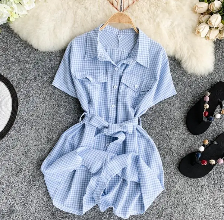 Женский клетчатый плед с коротким рукавом, женские летние винтажные широкие шорты, комбинезоны, TB1293