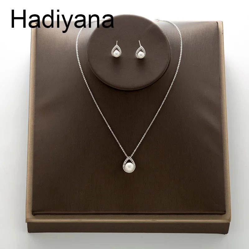 Hadiyana, новинка, инкрустированный циркониевый кулон, серьги, набор, модные серьги с жемчугом, цепочка для вечеринки, цепочка для ключицы, подарок, TZ5061