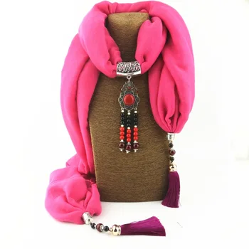 

TagerWilen Pendant Scarf Bohemian Necklace For Women Cotton Scarves Ceramic Beads Tassels Jewelry Wrap Female Accessories X-11