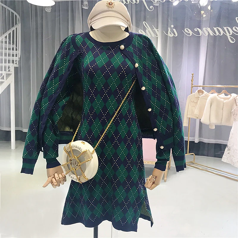 

Amolapha Women Knit Cardigans Dress 2pcs Sets Plaid Single Breasted Long Sleeve Elegant Woman Knit Coats Dresses Suits
