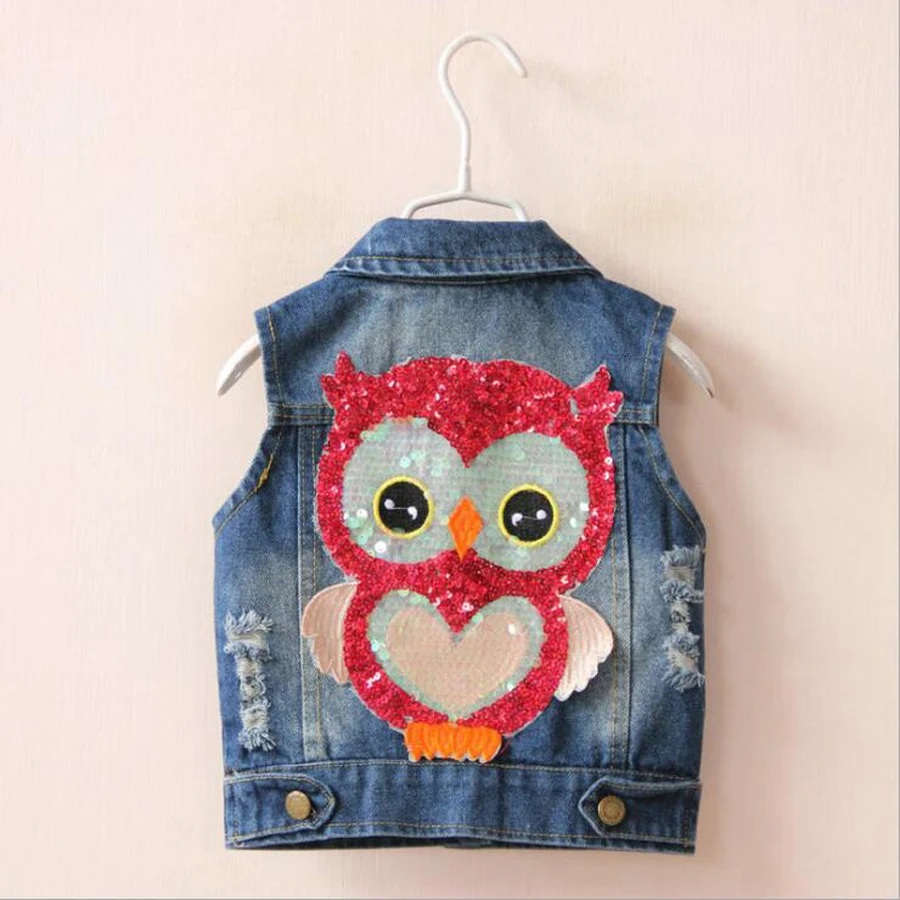 

Autumn 2019 Children Casual Denim Jacket Vest Kids Girls Cartoon sequin applique embroidery Coats baby girl cowboy owl Coat