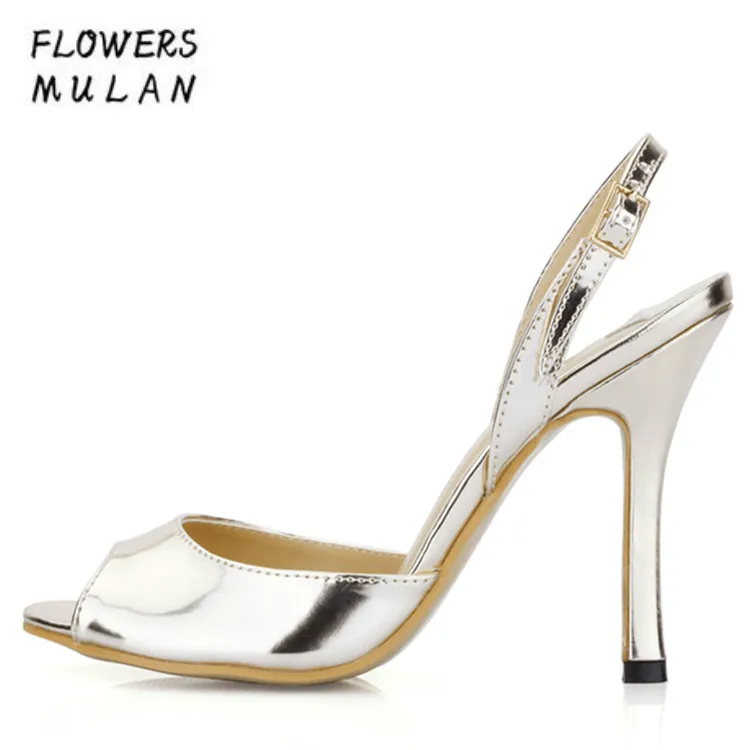 

Gold Patent Leather Women High Heels Sandals Shoes Summer Peep Toe Shallow Gladiators Back Strap Stilettos Shoes Woman Footwear