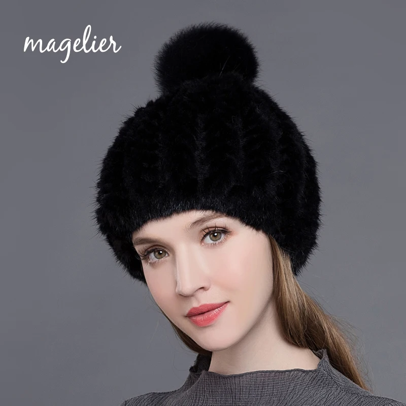 Magelier/женские теплые зимние шапки из натурального меха, вязаные натуральные шапочки с мехом норки, помпоны с лисьим мехом, мягкие шапочки, новинка MZ005