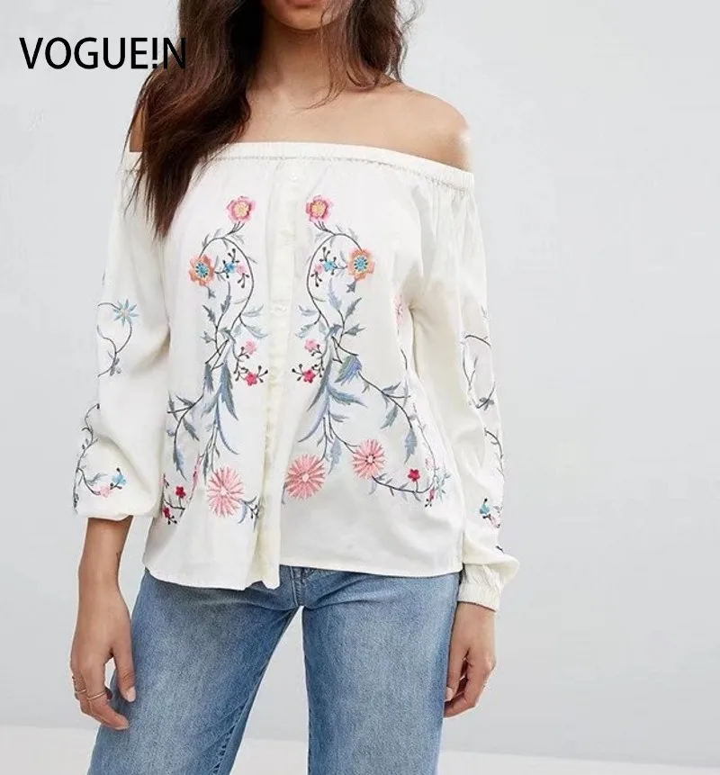 

VOGUE!N New Womens Ladies Vintage Floral Embroidered 3/4 Sleeve Blouse Slash Neck Ivory Pullover Tops Shirt