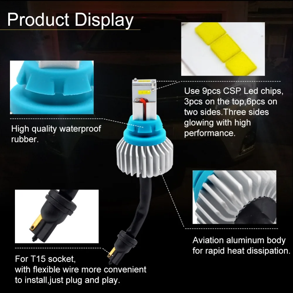 Safego T15 T16 T20 90W Фары заднего хода со светодиодными кристаллами для 9 SMD 5400LM
