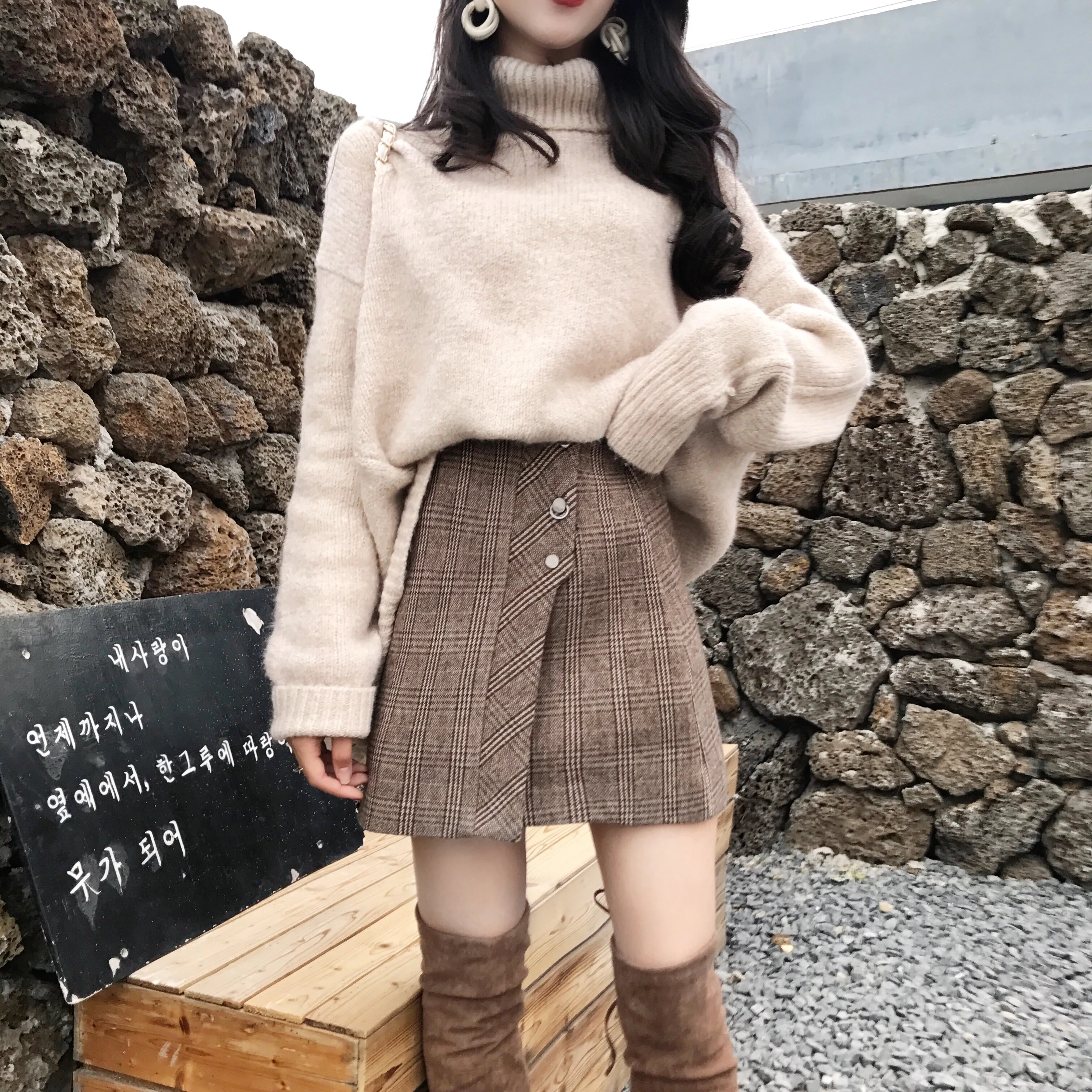 Wool skirt female winter Korean chic high waisted retro plaid skirt all