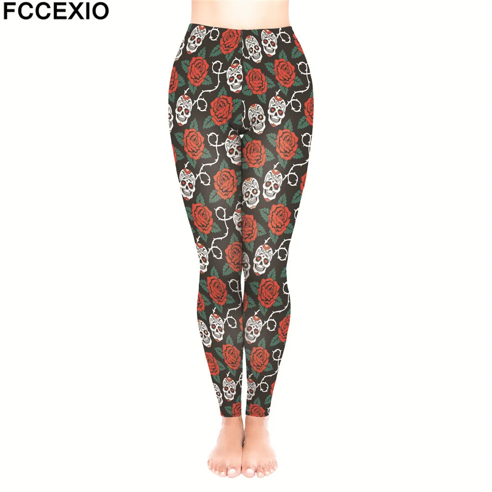FCCEXIO Брендовые женские штаны для тренировок с высокой талией, леггинсы для фитнеса, стиль, Женские легинсы с принтом в виде скелета розы, обтягивающие брюки