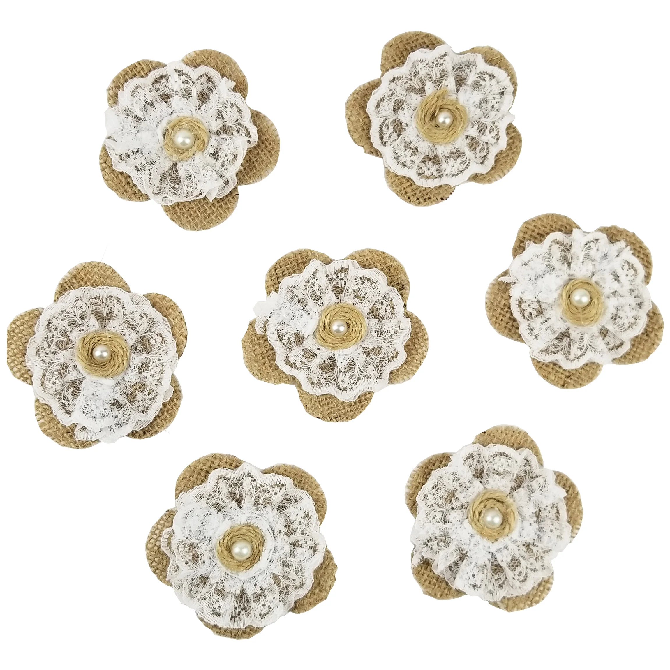

10pcs Natural Jute Burlap Hessian Flower With Lace Pearl trim Vintage Wedding decoration Rustic Flower For DIY Accessories