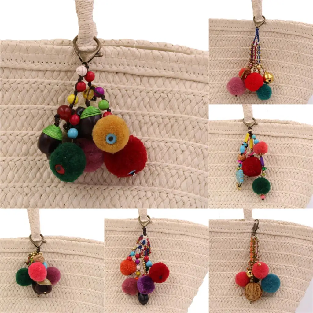 

1pc Handmade Bodhi Colorful Pompom Ball Walnut Keychains Minority Jewelry Car Hanging Thailand Style