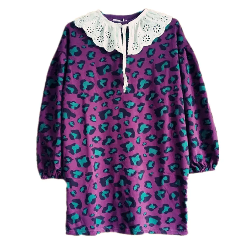

3 to 14 years kids & teenager girls leopard print removable lace collar long sleeve fall winter dress child fashion casual dress