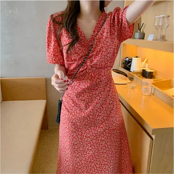 

Korean Women Summer Long Red Floral Ruffle Dress Ladies V Neck A-Line Vestidos Robe Femme Vintage Red Slim Sukienki Jurken