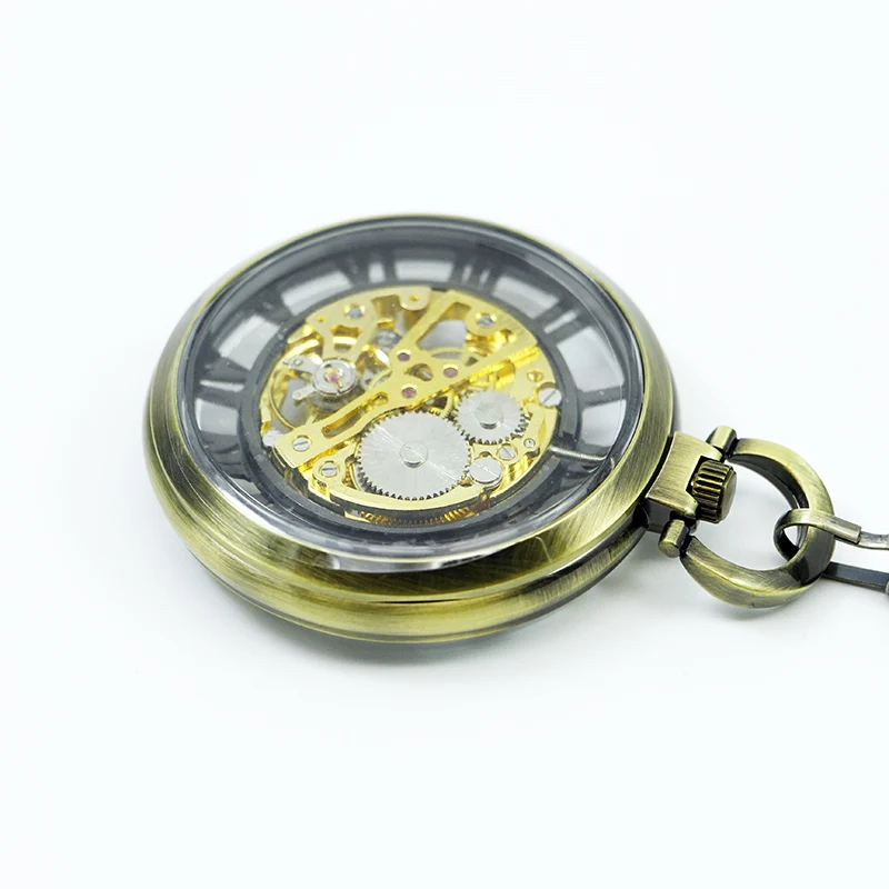 Роскошные открытым лицом черный прозрачный ручной намотки механические карманные часы Fob Chain мужской женский стимпанк PJX1229