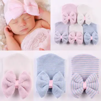 

Baby Girls Infant Fashion Striped Cap Hospital Newborn Cotton Soft Bow Cute Beanie Hat