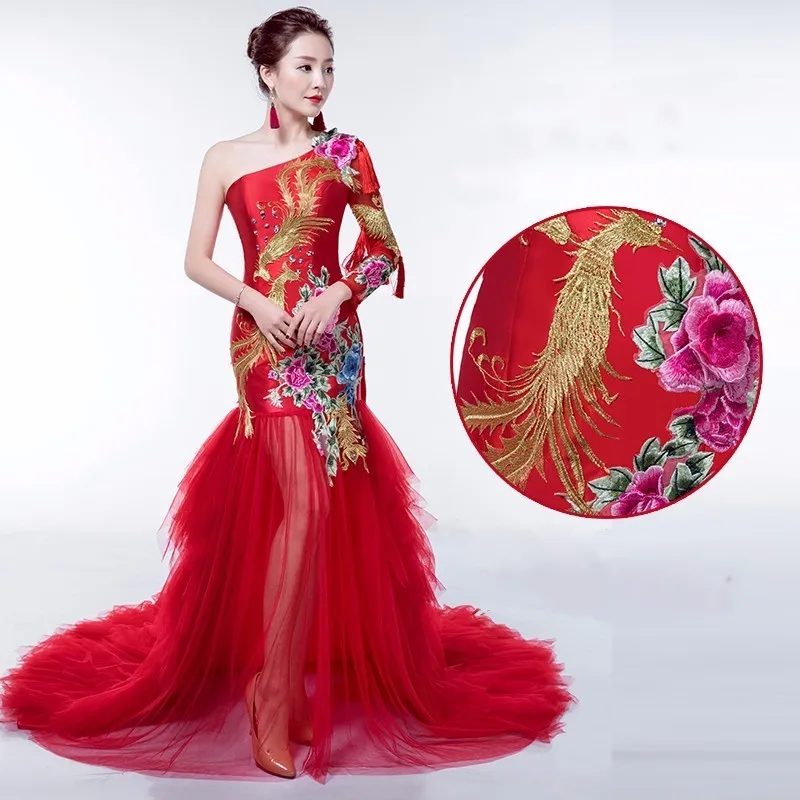Роскошное красное вечернее платье со шлейфом элегантное модное платье с вышивкой Золотое Платье Чонсам с Фениксом традиционное китайское свадебное платье - Цвет: 4