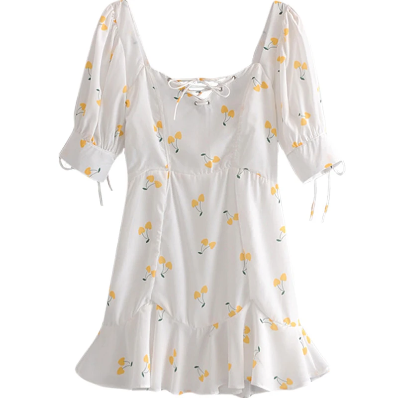 PERHAPS U cherry print white bow square collar empire puff sleeve short a line mermaid mini dress small fresh D1023 | Женская одежда