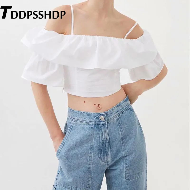 

White Color Flare Sleeve Expose Belly Women T Shirt Off Shoulder Fashion Female Tee Tops