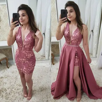 

Sexy V-Neck Lace Appliques Short Evening Dresses Charming Beading Belt Detachable Train Formal Party Dress Vestidos De Gala