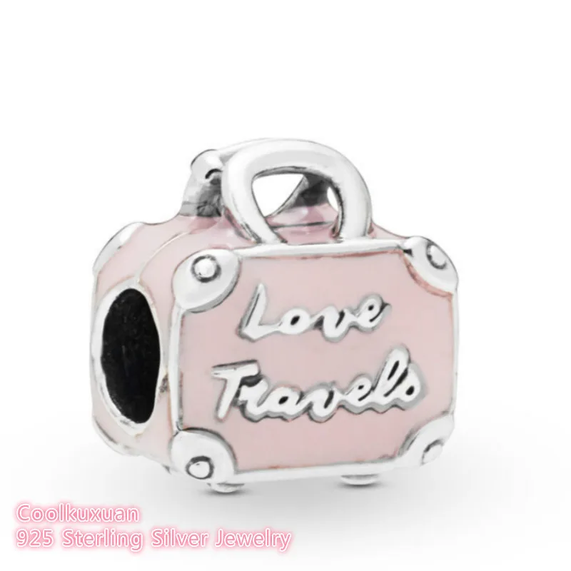 Summer 925 Sterling Silver Pink Travel Bag Charm beads Fits Original Pandora bracelets Jewelry Making