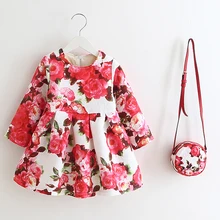 Осеннее платье для девочек с цветочным принтом повседневное элегантное теплое платье из хлопка с длинными рукавами платье для маленьких девочек L395-L398