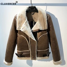 Новая зимняя замшевая кожаная куртка женская короткая овечья шерсть мотоциклетная куртка Толстая овечья шерсть теплое пальто