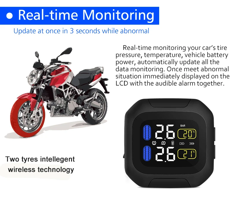 Best M3 Waterproof Motorcycle Real Time Tire Pressure Monitoring System TPMS Wireless LCD Display Internal or External TH WI Sensors