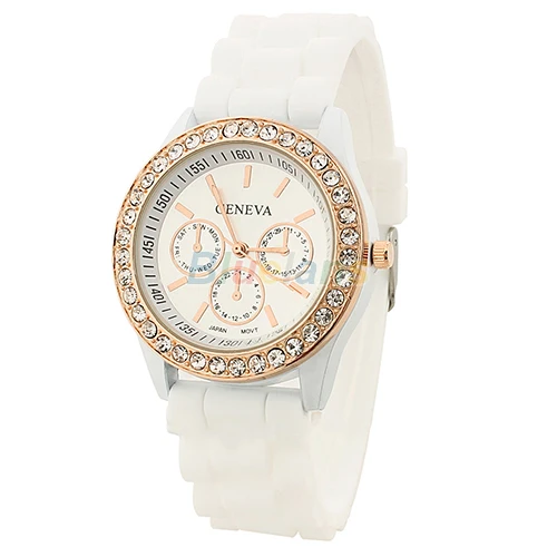 Fashion Geneva Wristwatch Vintage Golden Crystal Rhinestone Watches Silicone Strap Quartz Wrist Watch for Ladies Women 026C
