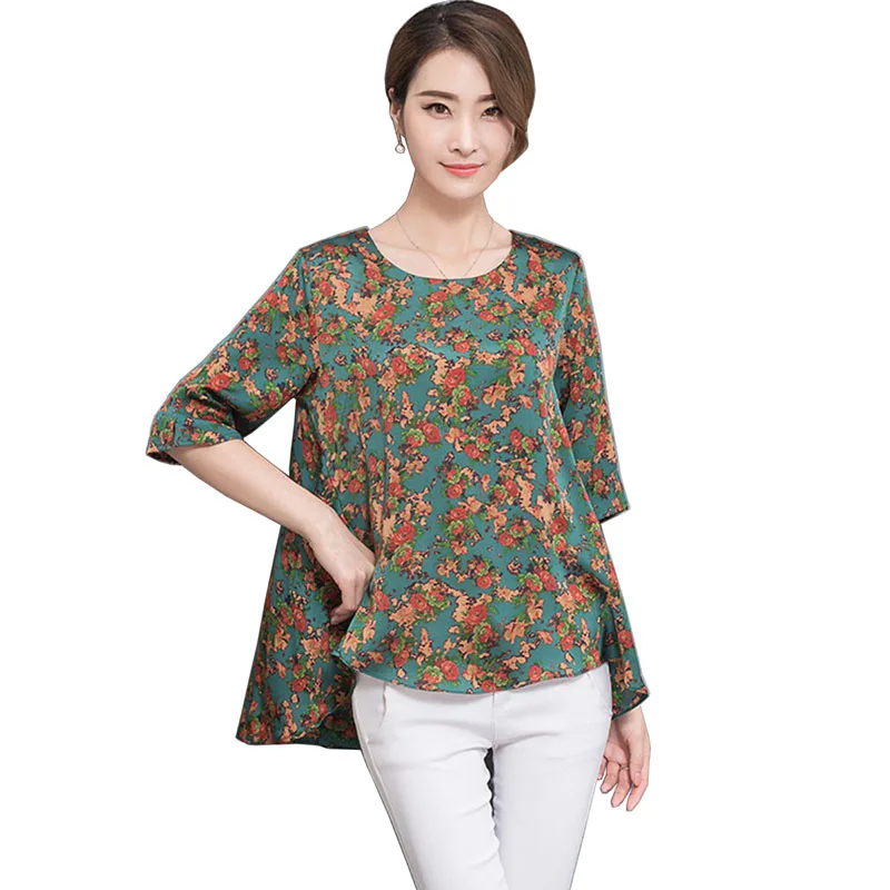 

Plus Size Women Blouses 2018 Summer Three Quarter Sleeve Print Mother Silk Blouse Shirt Green Flower Blusas Feminina Tops Shirts