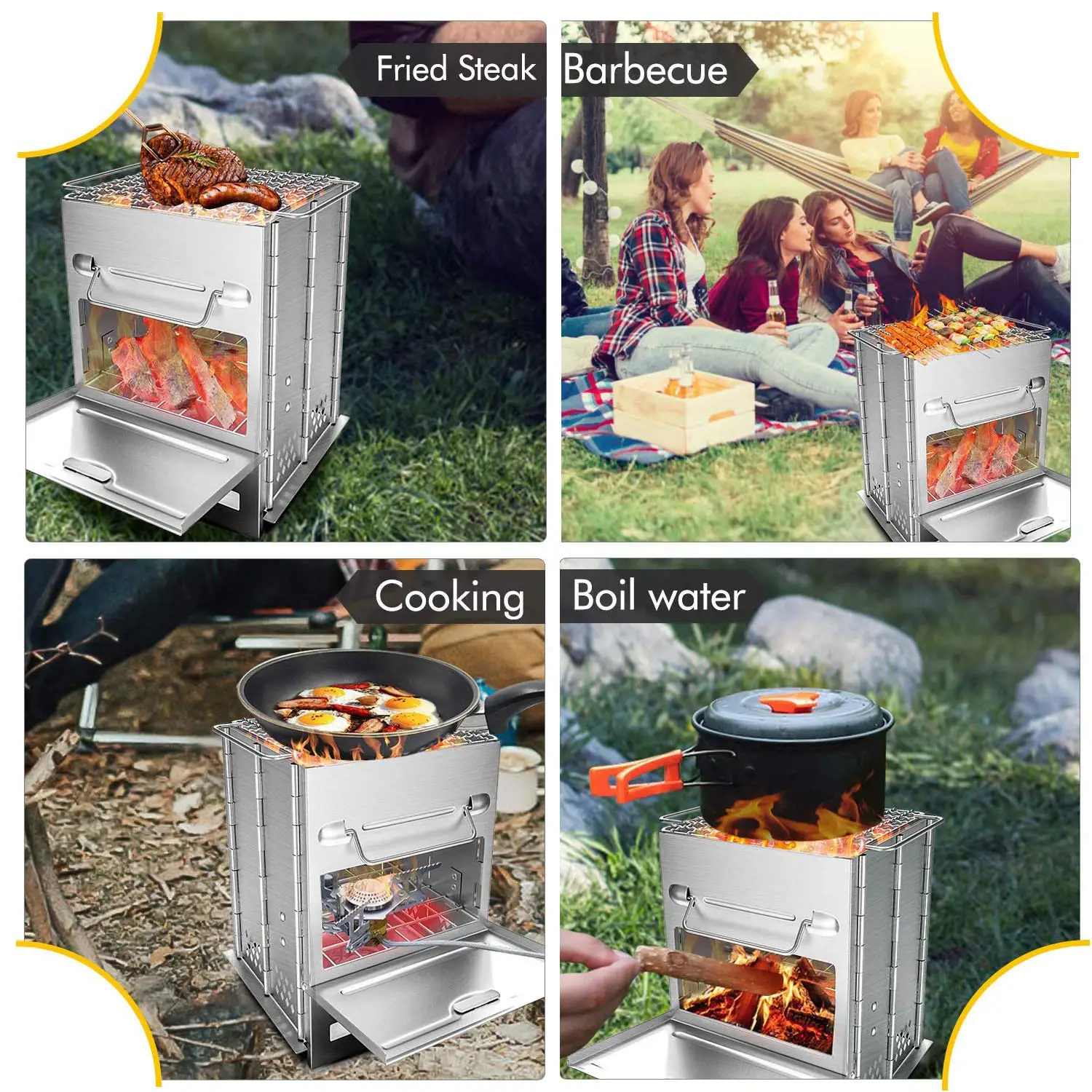 Camping Stove Wood Burning Stove Potable Folding Stainless Steel Stove, Picnic BBQ Cooker Backpacking Stove Hiking Picnic BBQ