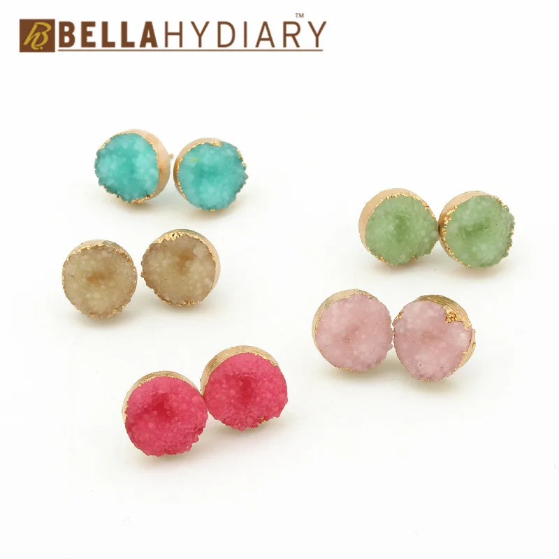 Bijoux, 1 пара, натуральный друзовый камень, серьги, модные, простые, серьги-гвоздики, золотой цвет, розовый, красный, Круглый, Drusy, серьги-гвоздики для женщин, ювелирное изделие