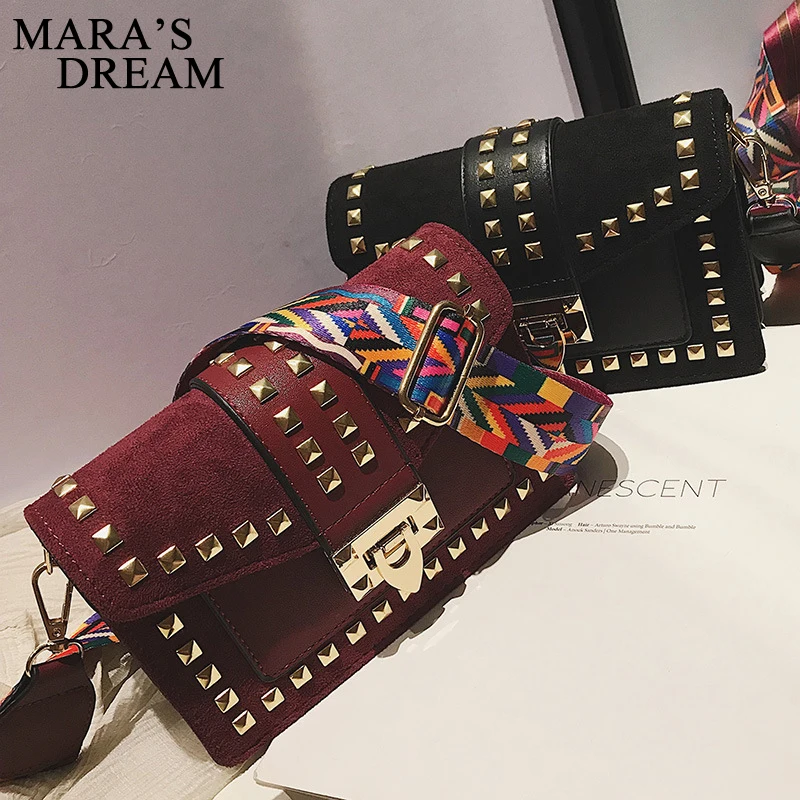 Mara's Dream Women Plap Bags Solid PU Leather Rivets Shoulder Bags Women Colorful Wide Shoulder Strip Handbags Crossbody Bags