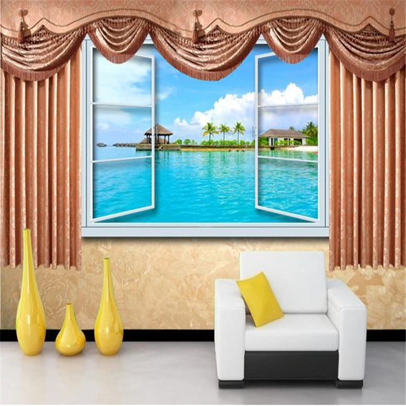 

beibehang 3d wallpaper for walls mural 3d window curtain nature scenery sofa bedroom wallpaper backdrop papel de parede green