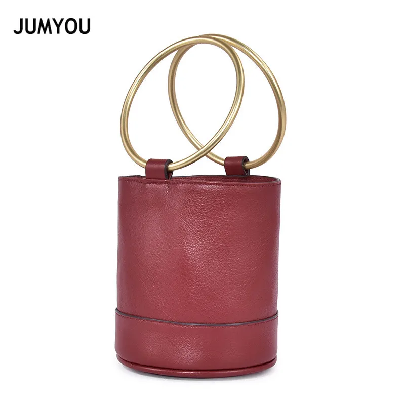 

Women Genuine Leather Handbags 2018 Brand Luxury Designer Small Bucket Bag Luxury Womens Mini Bag Cow Leather Metal Ring Handle