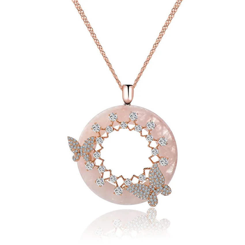 

Elegant Big Round Pink Cream CZ wedding Pendant Mico Double Butterfly Zircon Necklace Rose&White Gold color Party Accessories