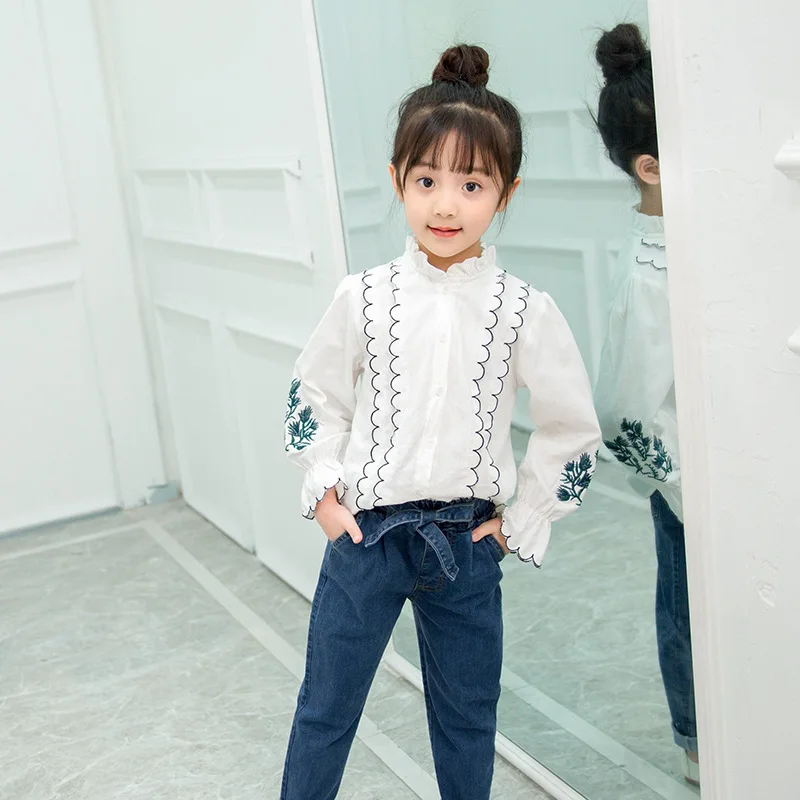 

2018 Autumn Girl Pure Cotton Long Sleeve Fungus Edge Embroidered Shirts Children's Garment