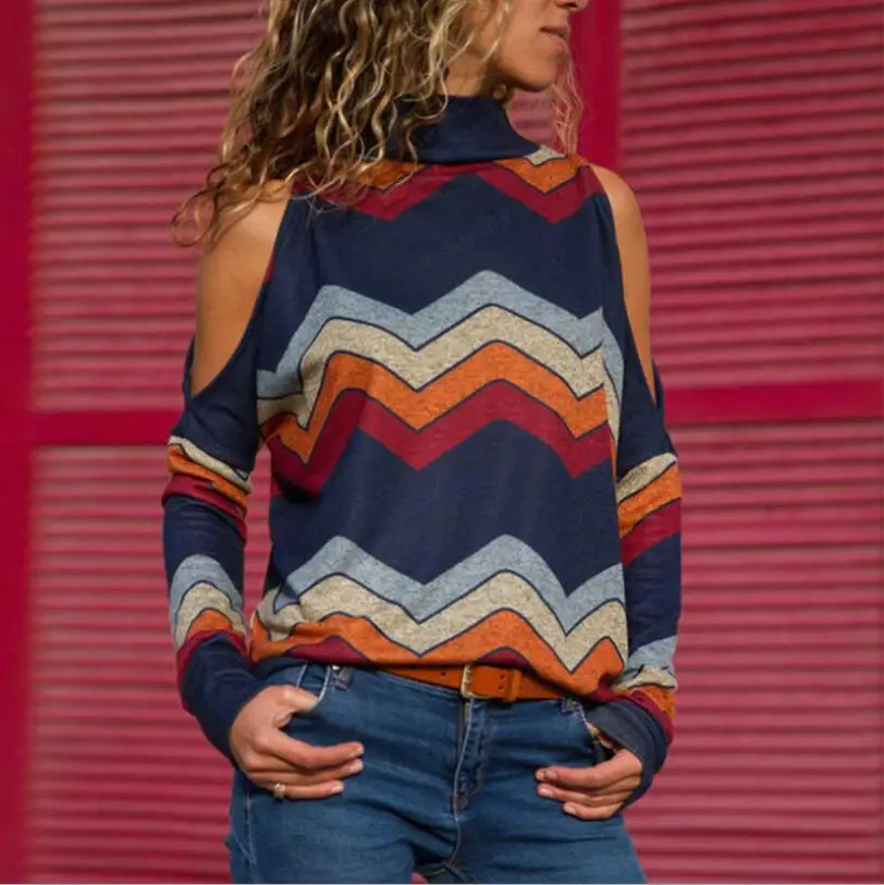 

Blouse Shirt Autumn Lady Turtleneck Long Sleeve Print Hollow Shoulder Knit Blouse Women Top Tee Blouses Streetwear 9 Colors#d308