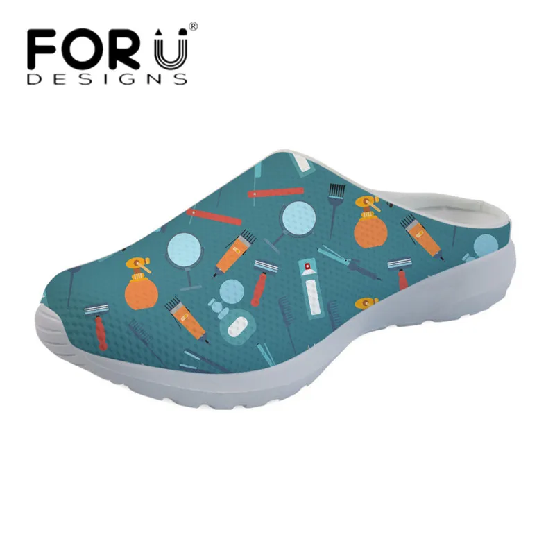 

FORUDESIGNS Cute Cartoon Barber Printing Women Summer Beach Water Sandals Light Weight Slip-on Flat Shoes Casual Mesh Loafers