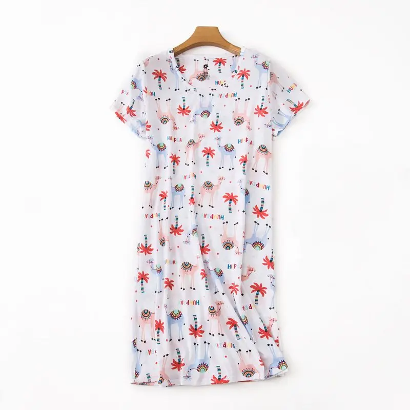 Летняя женская Повседневная Свободная ночная рубашка с мультяшным принтом, женская ночная рубашка из хлопка с коротким рукавом и круглым вырезом