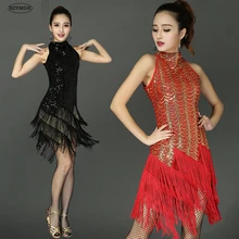 SZYMGS HOT FashioSequins Fringes Skirt Women Latin Tango Ballroom Salsa Dance Dress Party Costume Tassel women Dresses