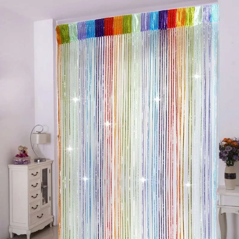 

Window Panel Curtain 2m x1m Silver Leather Line String Curtains Door Divider Yarn String Curtain Strip Tassel Drape Home Decor
