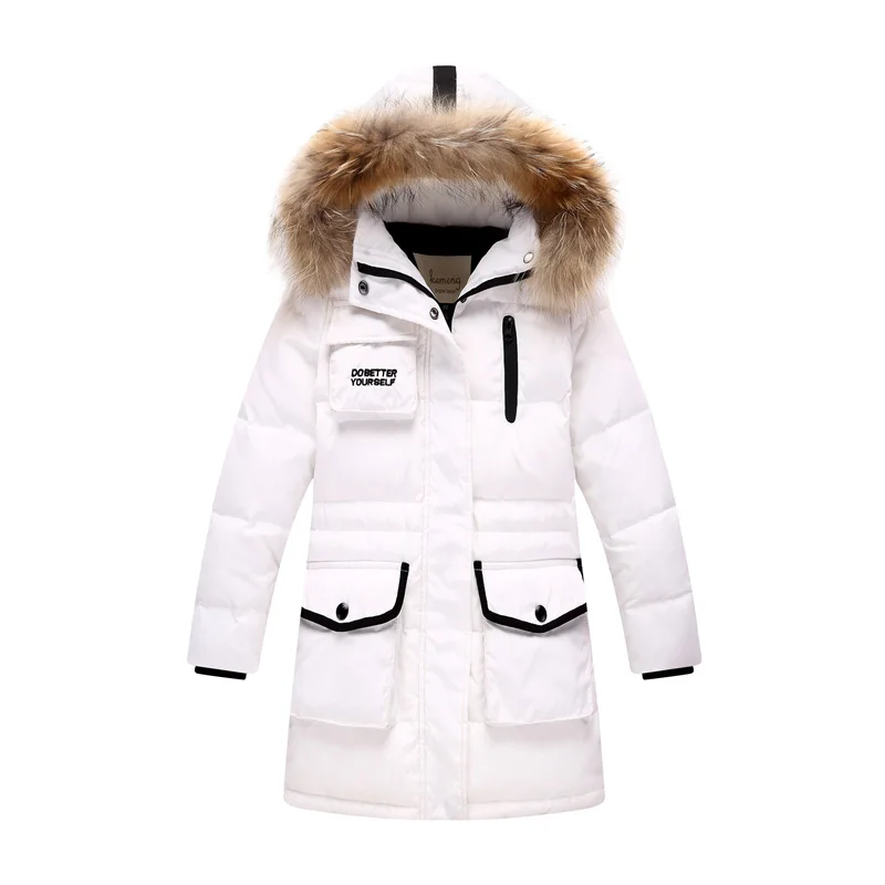 Зимний пуховик для мальчиков, верхняя одежда с капюшоном из натурального меха енота, детское теплое плотное пуховое пальто высокого качества для детей от 3 до 16 лет - Цвет: white