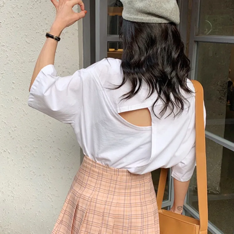 

2019 Summer Tops Women's Western Style O-Neck Solid Short Sleeve Backless Loose Simple Pullover Loose T-Shirt camisetas verano