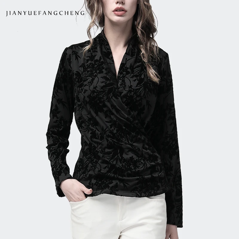  Elegant Black Cut Floral Blouse Women Lace Blouses and Tops V-neck Long Sleeve Pull On Slim Waist 2