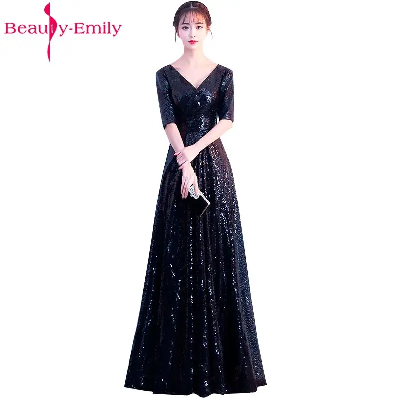 Beauty Emily черное расшитое блестками длинное вечернее платье 2019 ТРАПЕЦИЕВИДНОЕ с v