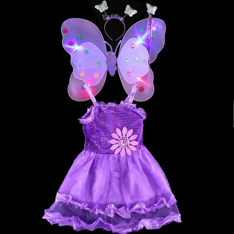 Модный детский костюм принцессы с бабочкой; повязка на голову с крыльями; волшебная палочка; платье; комплект из 4 предметов; реквизит для фотосессии; вечерние принадлежности для Хэллоуина
